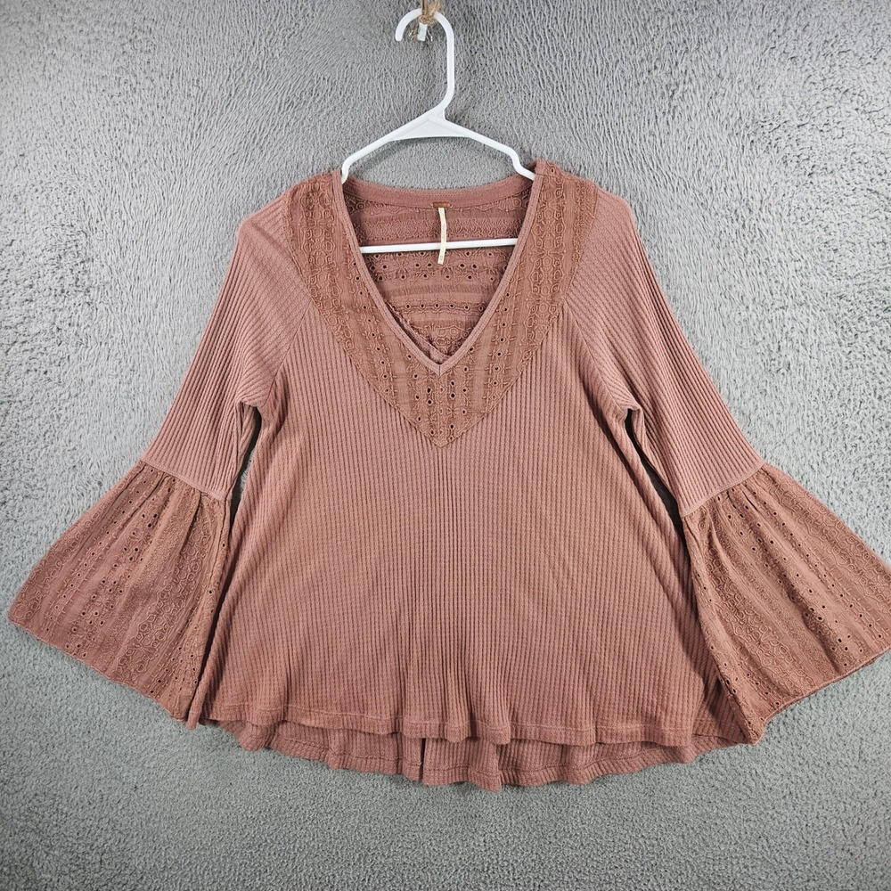 Free People Womens XS Mauve Waffle Knit Eyelet Lace Bell Sleeve Thermal Top Boho